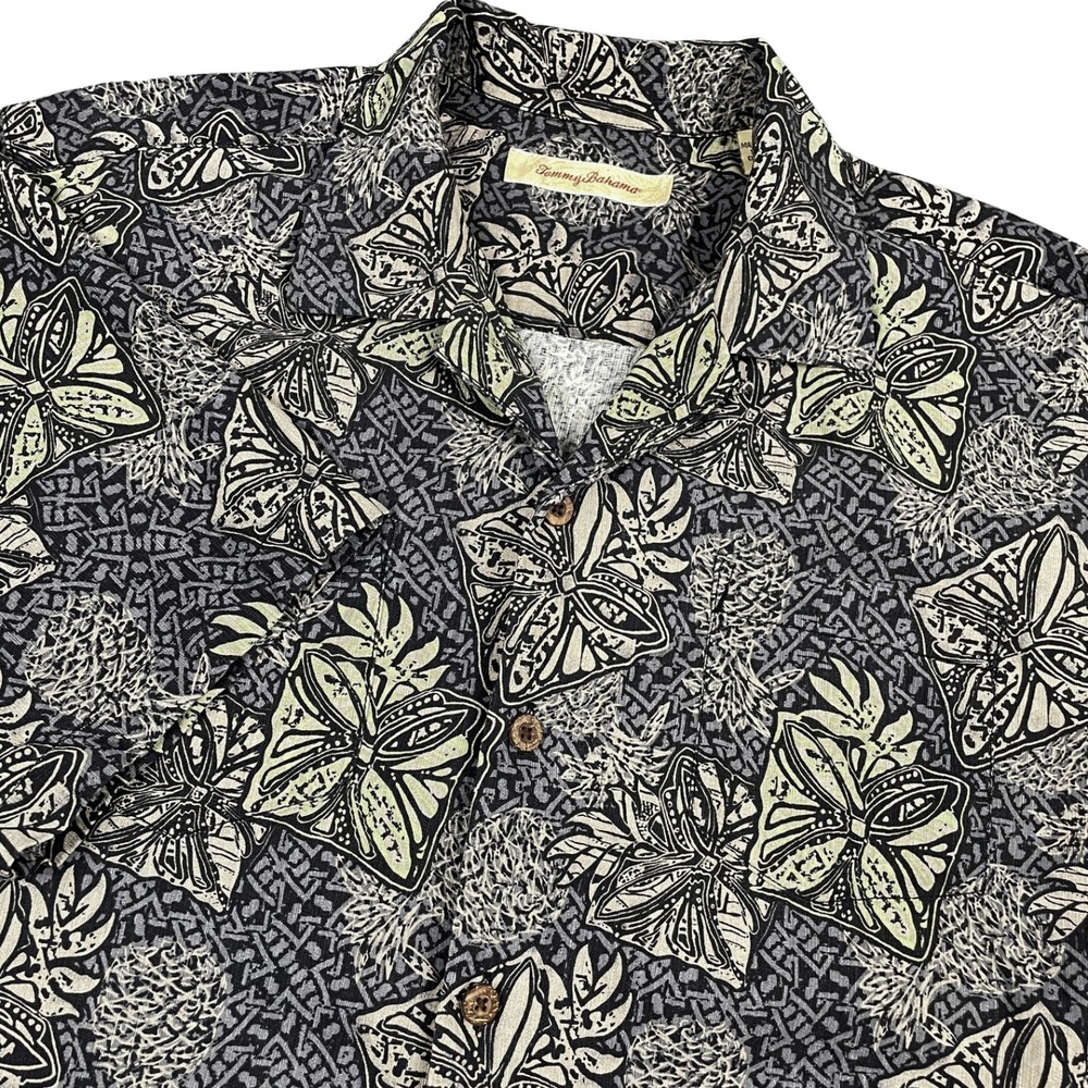 Tommy Bahama Mens M Gray Silk Camp Shirt Short Sleeve Button Up Floral Tropical